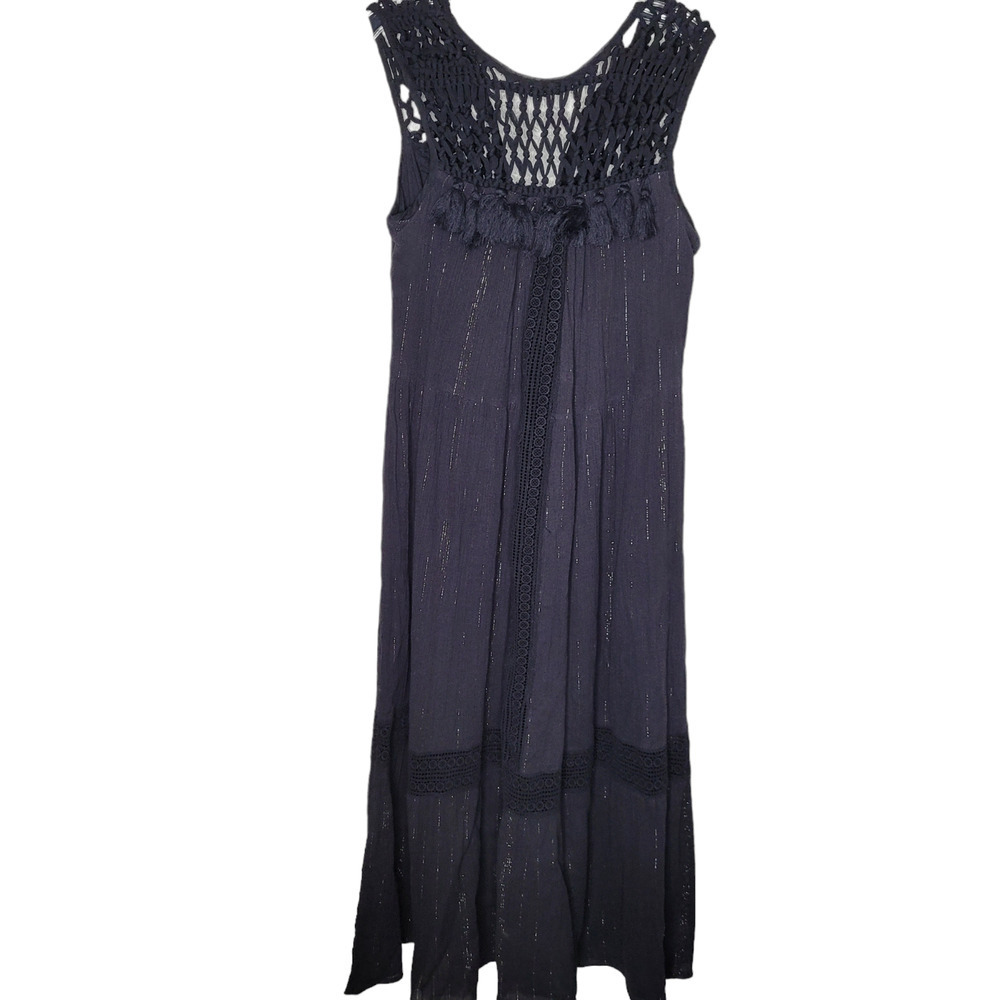 Anthropologie Maeve Abilene Metallic Black Maxi Dress Size XS Tassels sleeveless